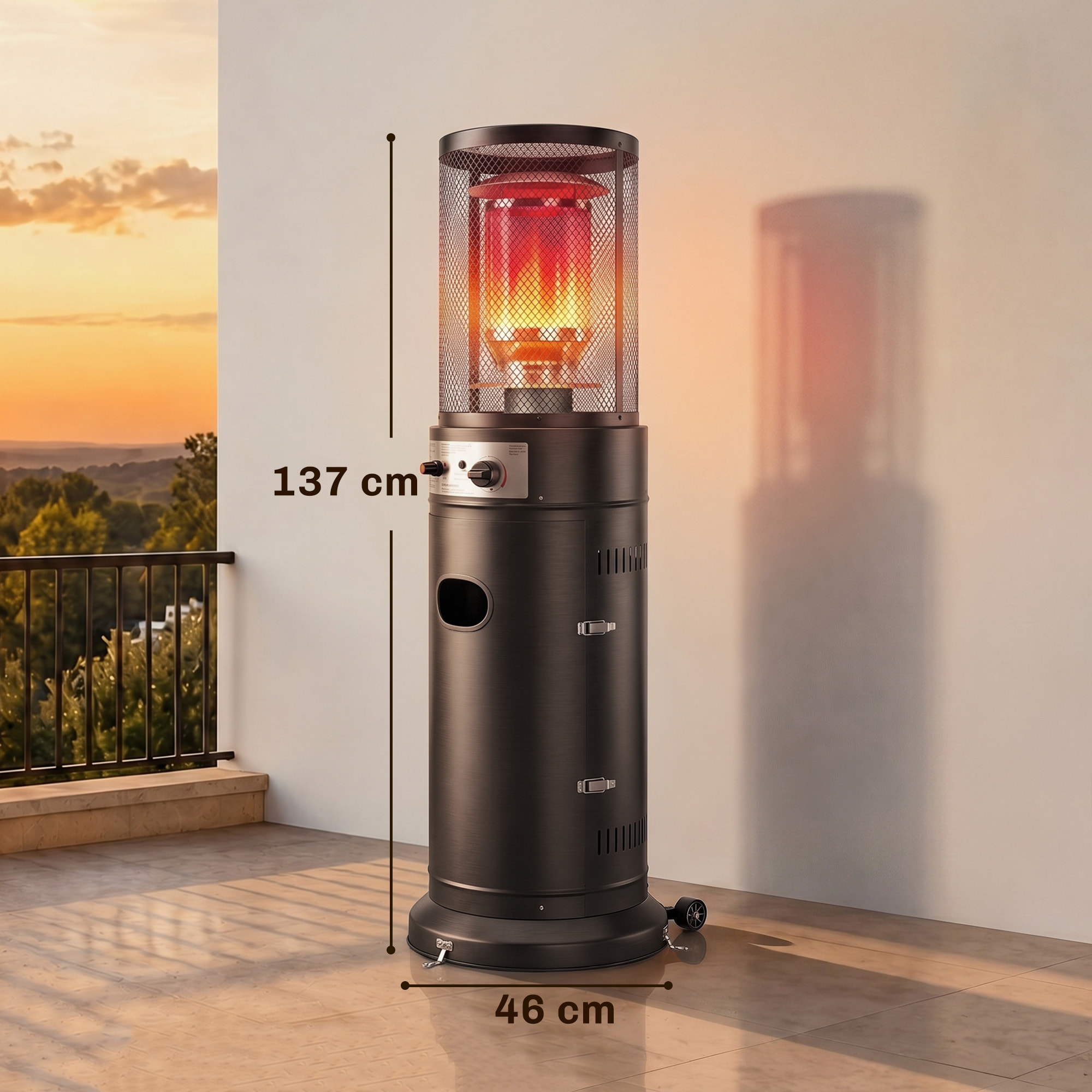Estufa de Gas Exterior, 11 kW, Calefactor de Gas para Terraza Portátil con Regulación Continua, Encendido por Impulsos, Rejilla Protectora, Antivuelco y Ruedas para Propano y GLP 30 m², Negro