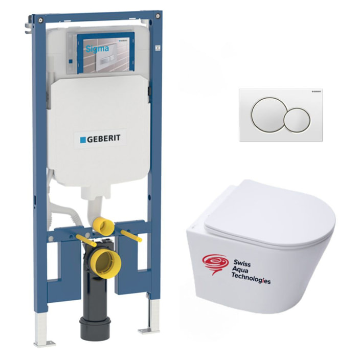 Pack WC bati-support Geberit + Cuvette Swiss Aqua Technologies sans bride + Plaque blanche (SLIM-INFINITIO-B)