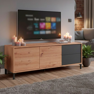 Mobile TV Madia Credenza Moderna Con 2 Ante E 2 Cassetti Mobile Contenitore Soggiorno Sala Pranzo Apertura Push 47x130x41 Cm Rovere e Grigio Antracite