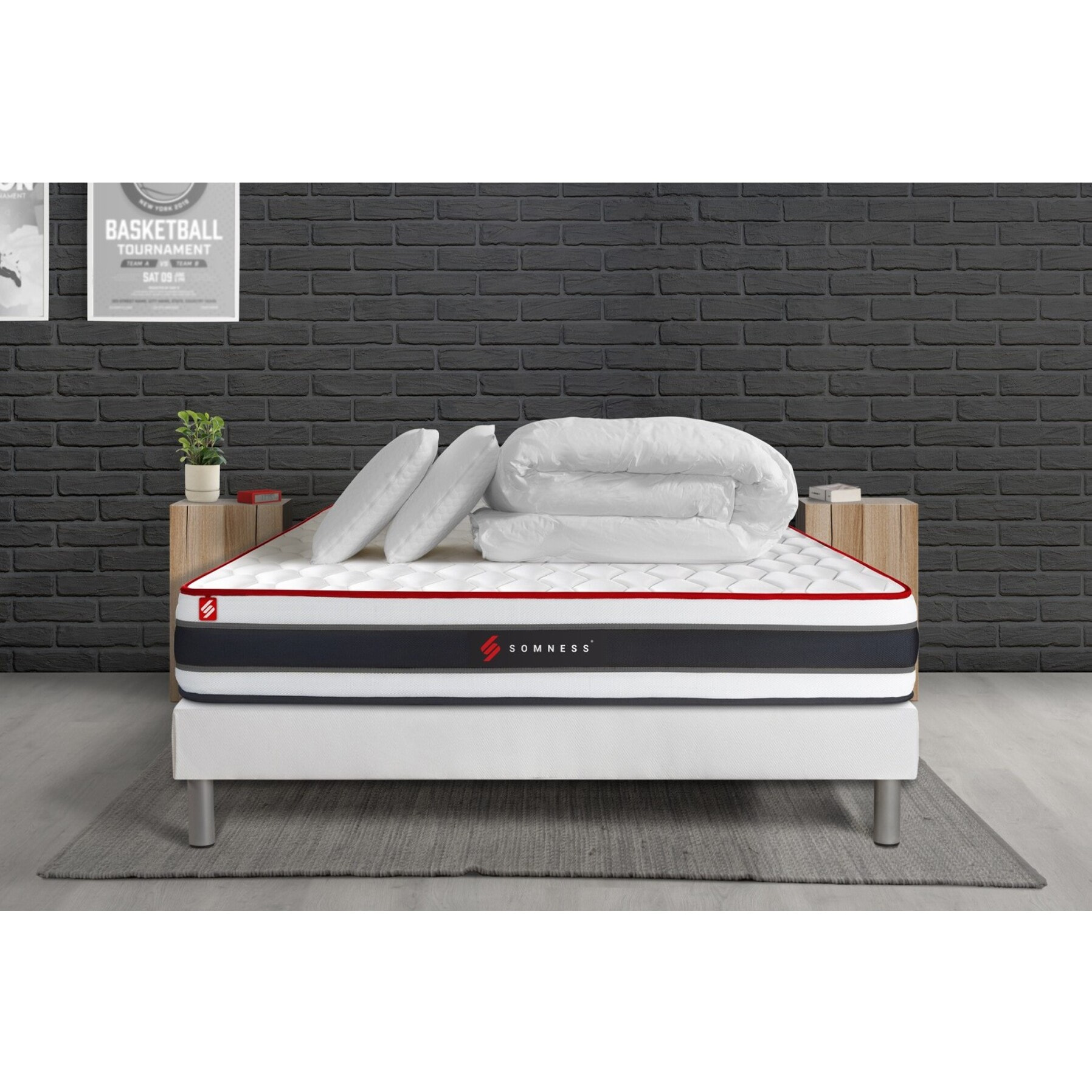 Pack matelas ENERGY + sommier blanc + Couette + 2 oreillers