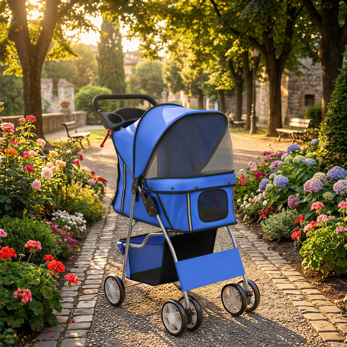 Poussette buggy pliable chien chat porte-gobelet panier de rangement inclus 4 roues bleu