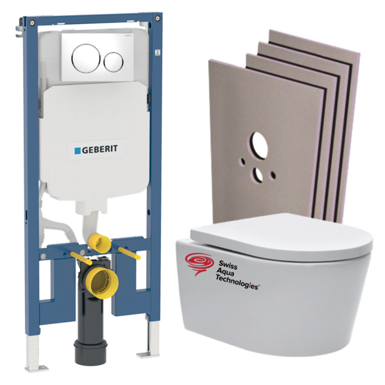 Pack WC sans bride SAT, fixations invisibles + Abattant softclose + Bâti Geberit Extra-plat UP720 + Plaque + Set Habillage