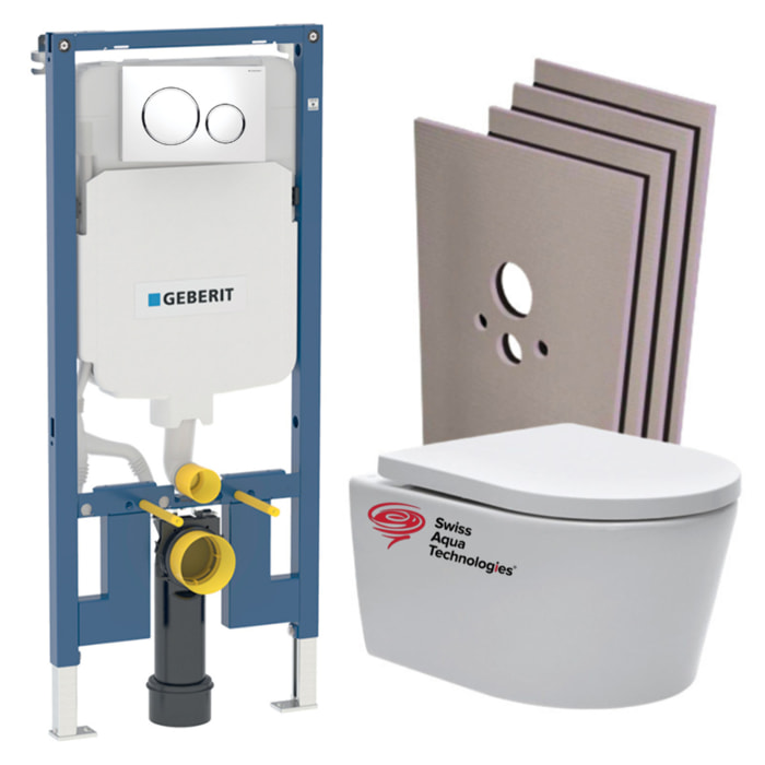 Pack WC sans bride SAT, fixations invisibles + Abattant softclose + Bâti Geberit Extra-plat UP720 + Plaque + Set Habillage
