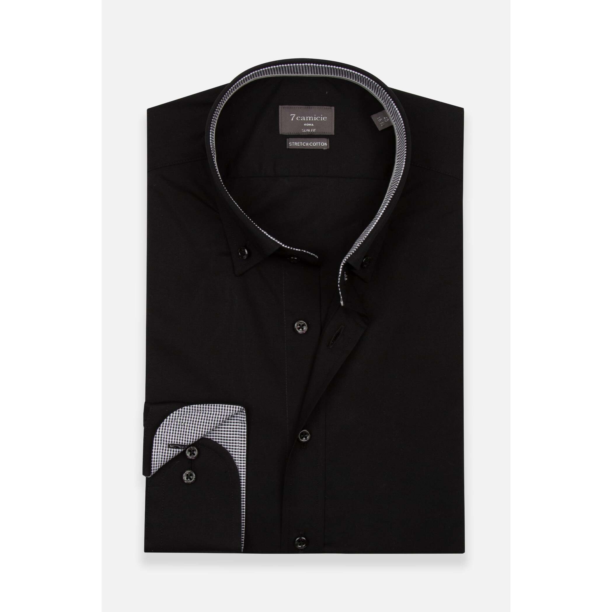camicia uomo 1 bottone button down slim Popeline Stretch Unito Nero