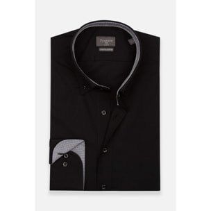 camicia uomo 1 bottone button down slim Popeline Stretch Unito Nero