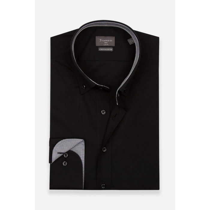 camicia uomo 1 bottone button down slim Popeline Stretch Unito Nero