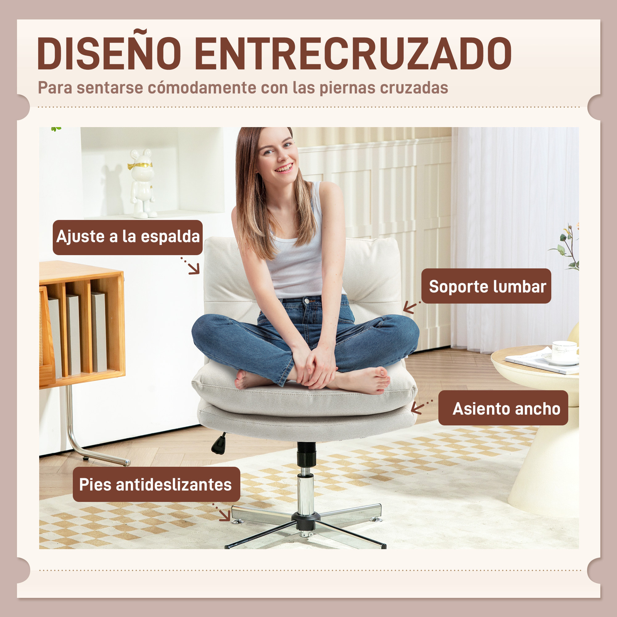 Silla de Escritorio sin Brazos Silla de Oficina con Altura Ajustable Función de Basculante Base Cruzada y Asiento Amplio Silla para Estudio Dormitorio Gris Claro