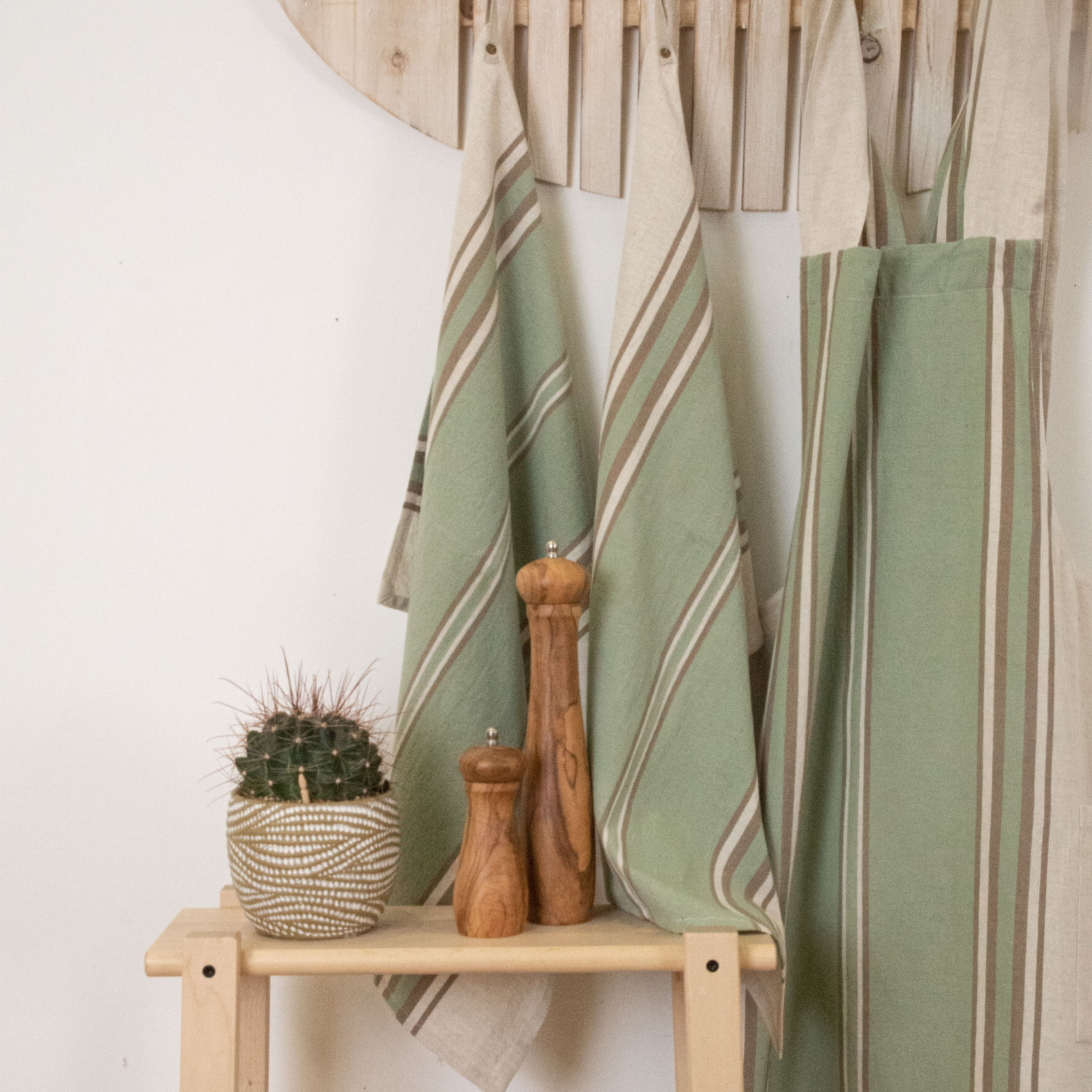 Torchon en coton et lin à rayures - Kaki