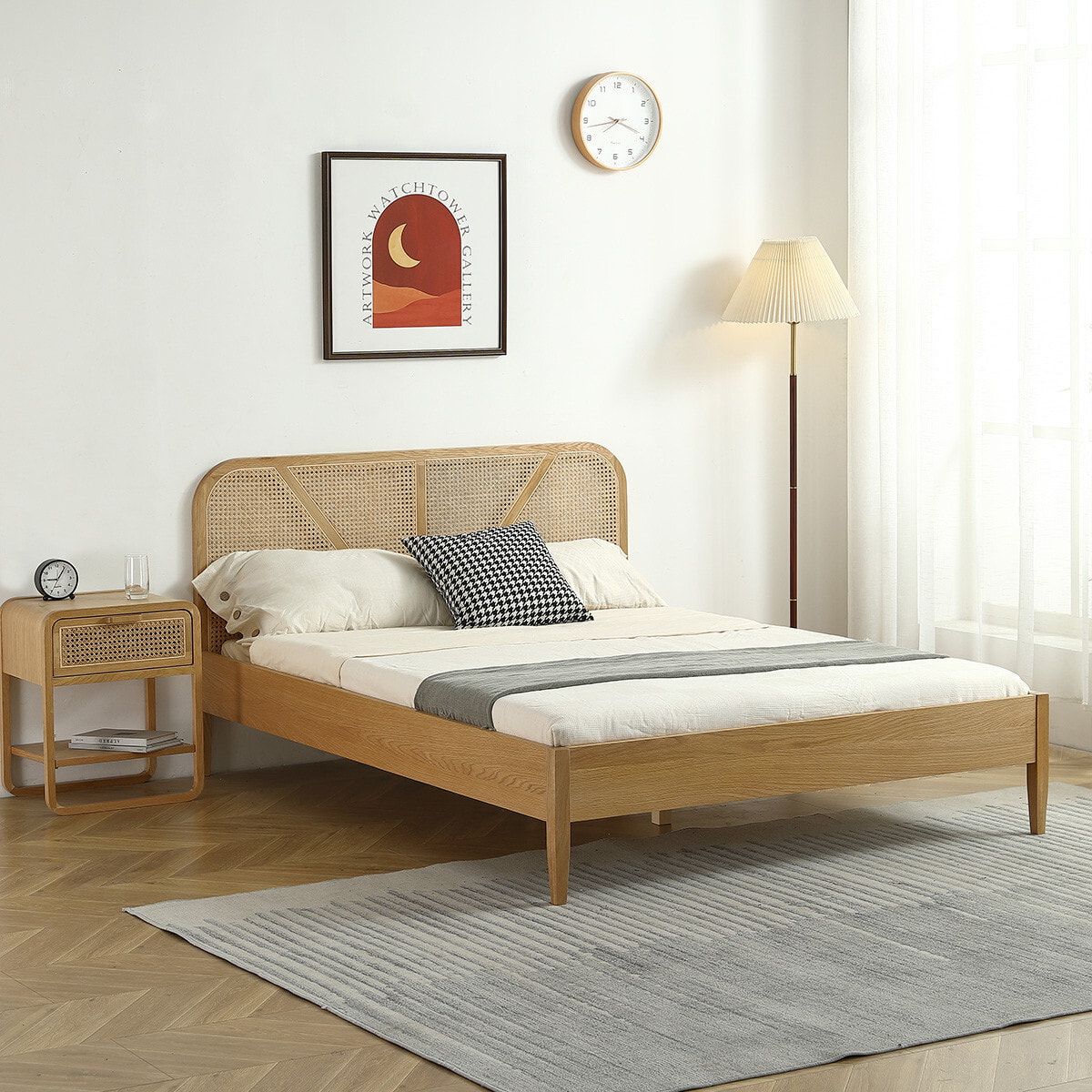 Pack lit en bois et cannage + Matelas mémoire de forme - LEONIE & MEMO HR