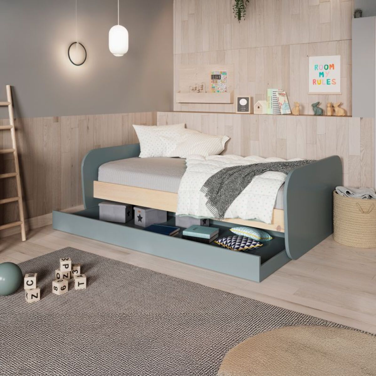 Cama doble juvenil Misty Breeze Verde Salvia - Oak Soft