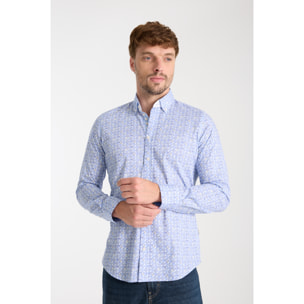 Camicia Uomo 1 Bottoni Button Down Slim Popeline Stretch Stampato Bianco\Blu Inchiostro