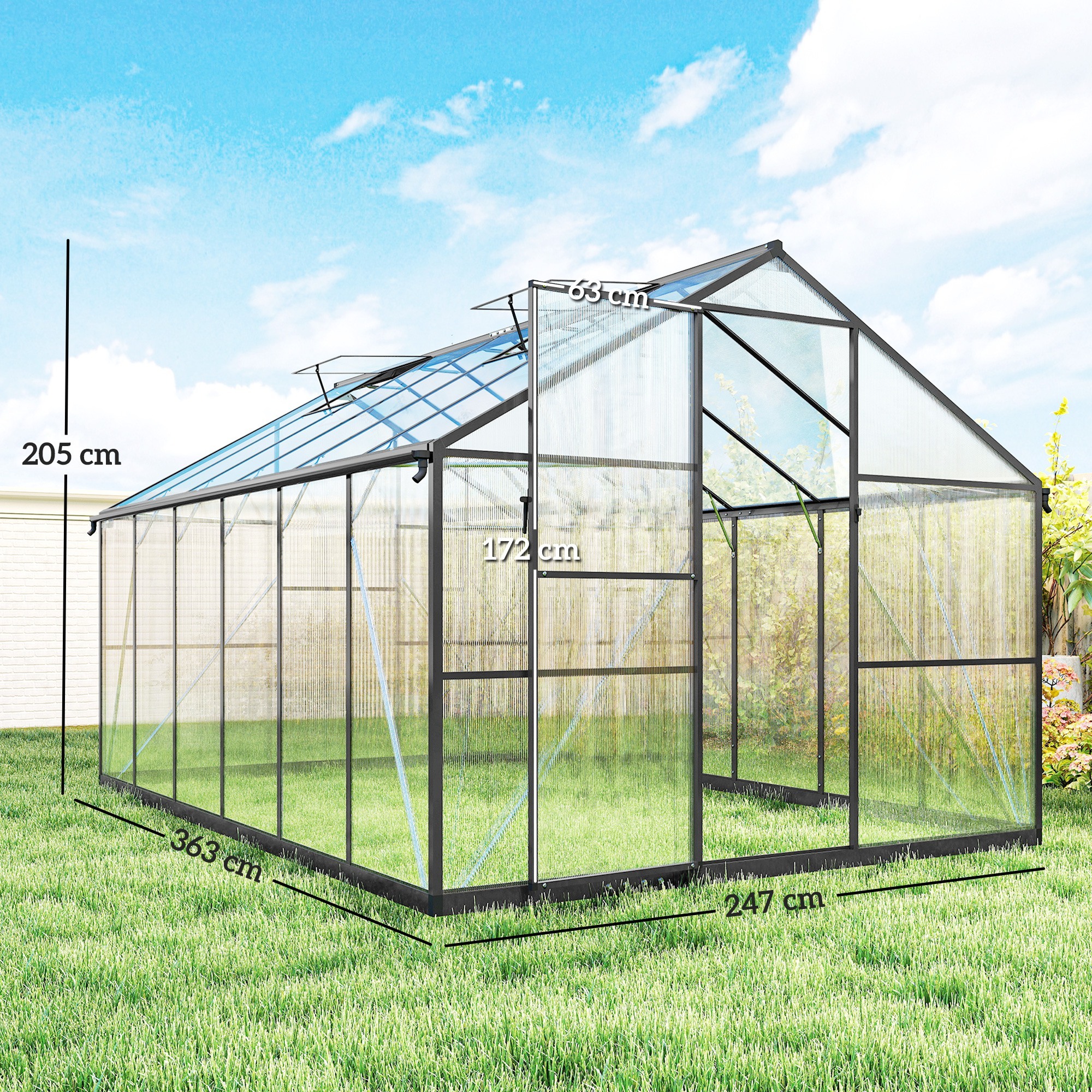 Serre de jardin 8,45 m² aluminium avec parois polycarbonate porte 2 lucarnes