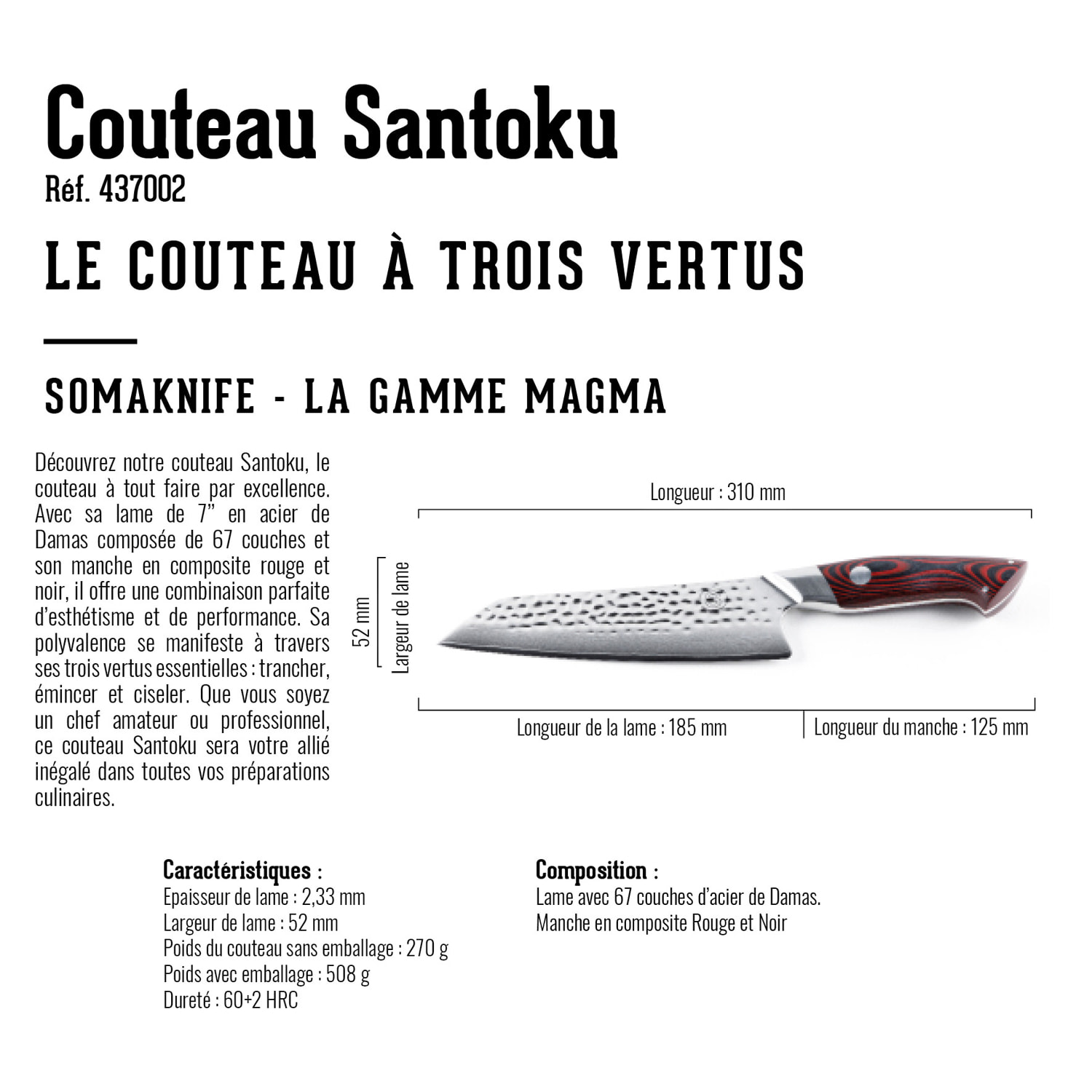 Couteau de chef SANTOKU 7 pouces, gamme Magma