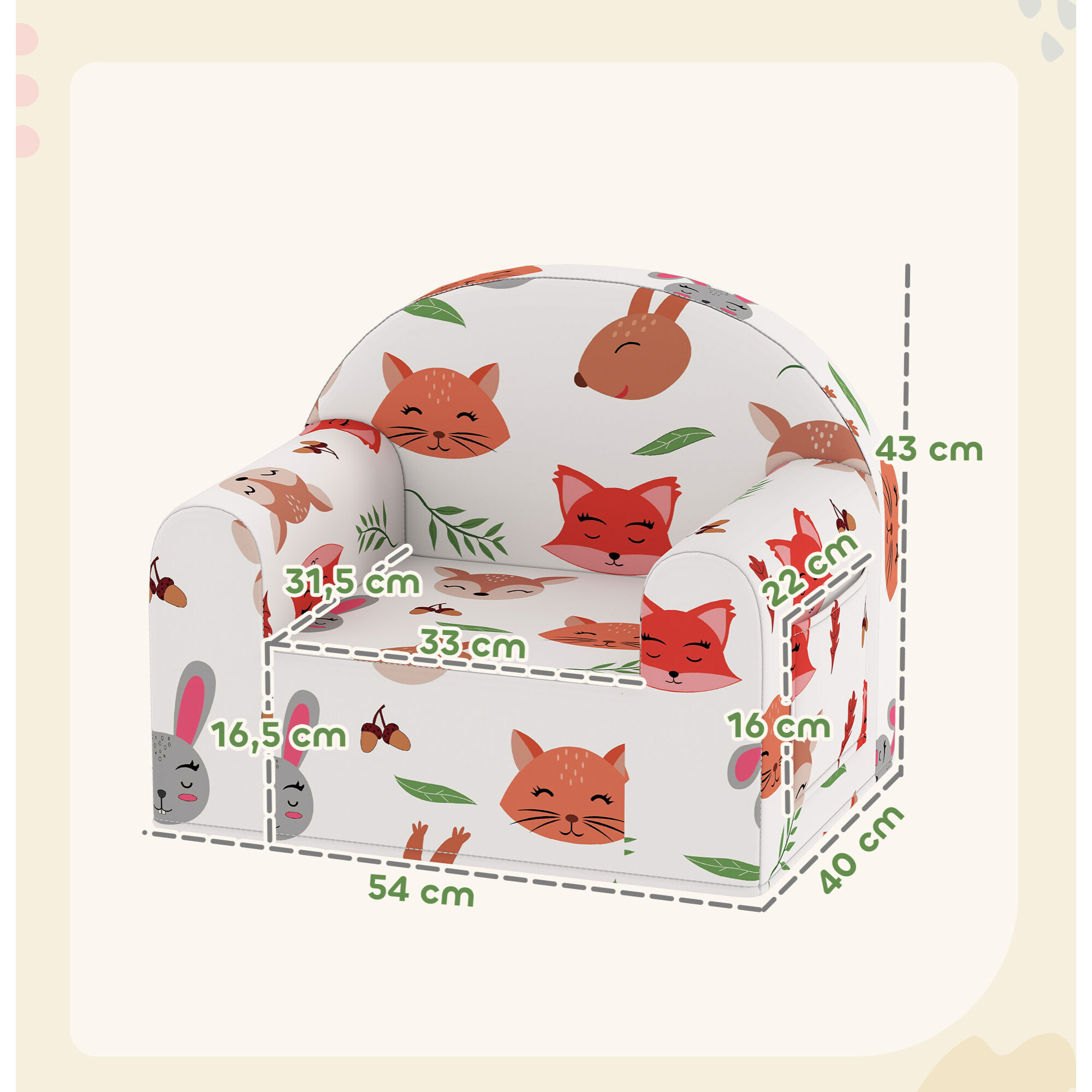 Sillón Infantil con Estampado de Zorros, Sofá para Niños de 18-36 Meses con Funda Extraíble y Lavable, Bolsillo Lateral, Reposabrazos, Carga 45 kg, Blanco