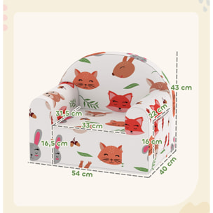 Sillón Infantil con Estampado de Zorros, Sofá para Niños de 18-36 Meses con Funda Extraíble y Lavable, Bolsillo Lateral, Reposabrazos, Carga 45 kg, Blanco