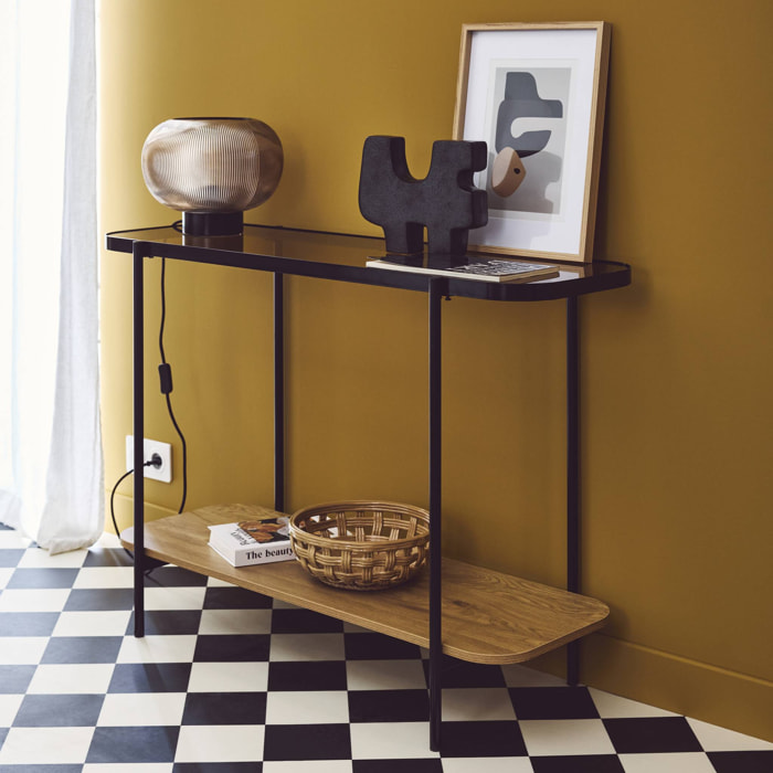 Console vintage en métal noir avec 2 plateaux (verre et décor bois). bords arrondis