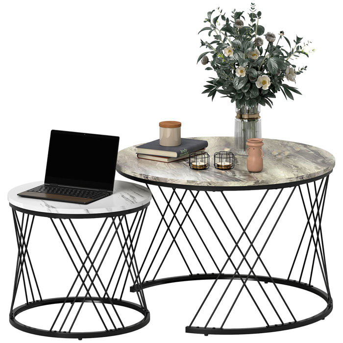 Juego de 2 Mesas Nido Mesas de Centro para Salón Redondas con Tablero con Diseño de Mármol Marco de Metal para Sala de Estar Dormitorio Gris y Blanco