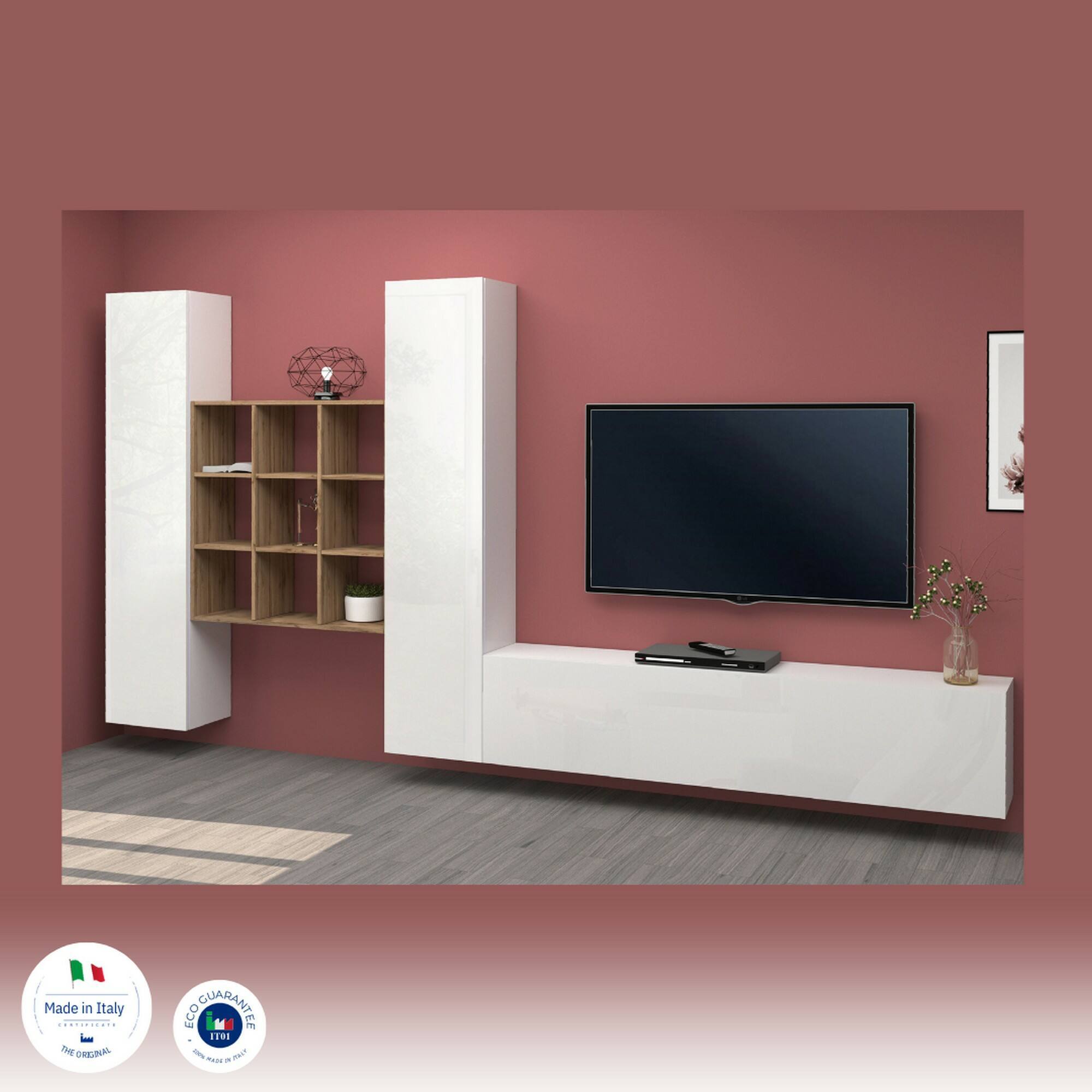 Parete attrezzata Denis, Set salotto porta TV a 3 ante, Mobile soggiorno multiuso, 100% Made in Italy, cm 270x30h180, Bianco lucido e Acero