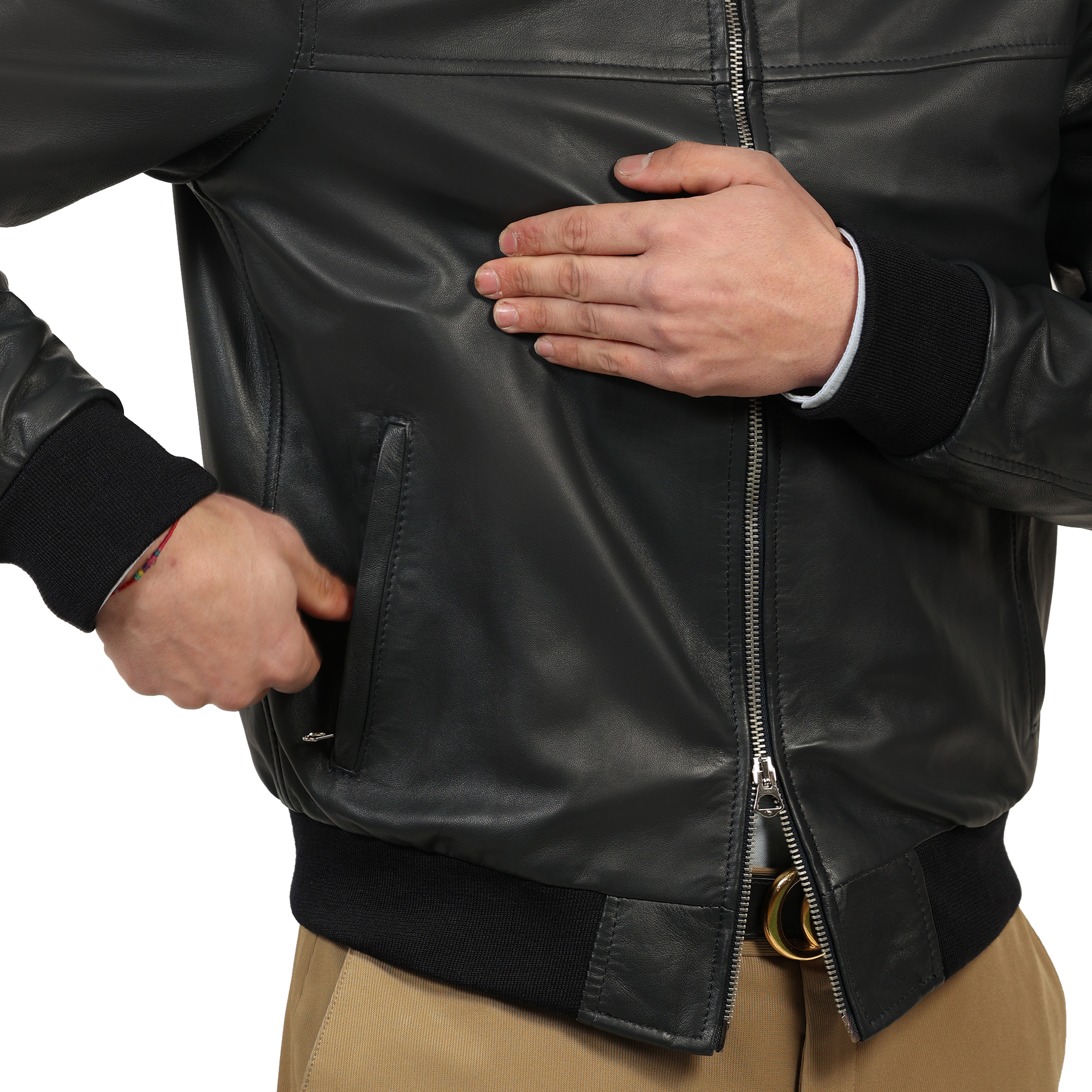 Giubbino in vera pelle di vitello Blu-Slim Fit