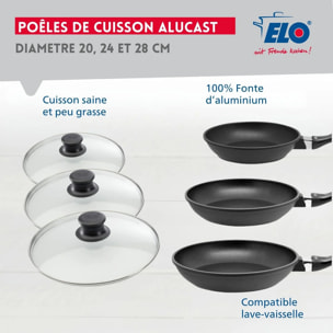 Set de 3 poêles 20, 24 et 28 cm et 3 couvercles sans PFAS Elo Alucast