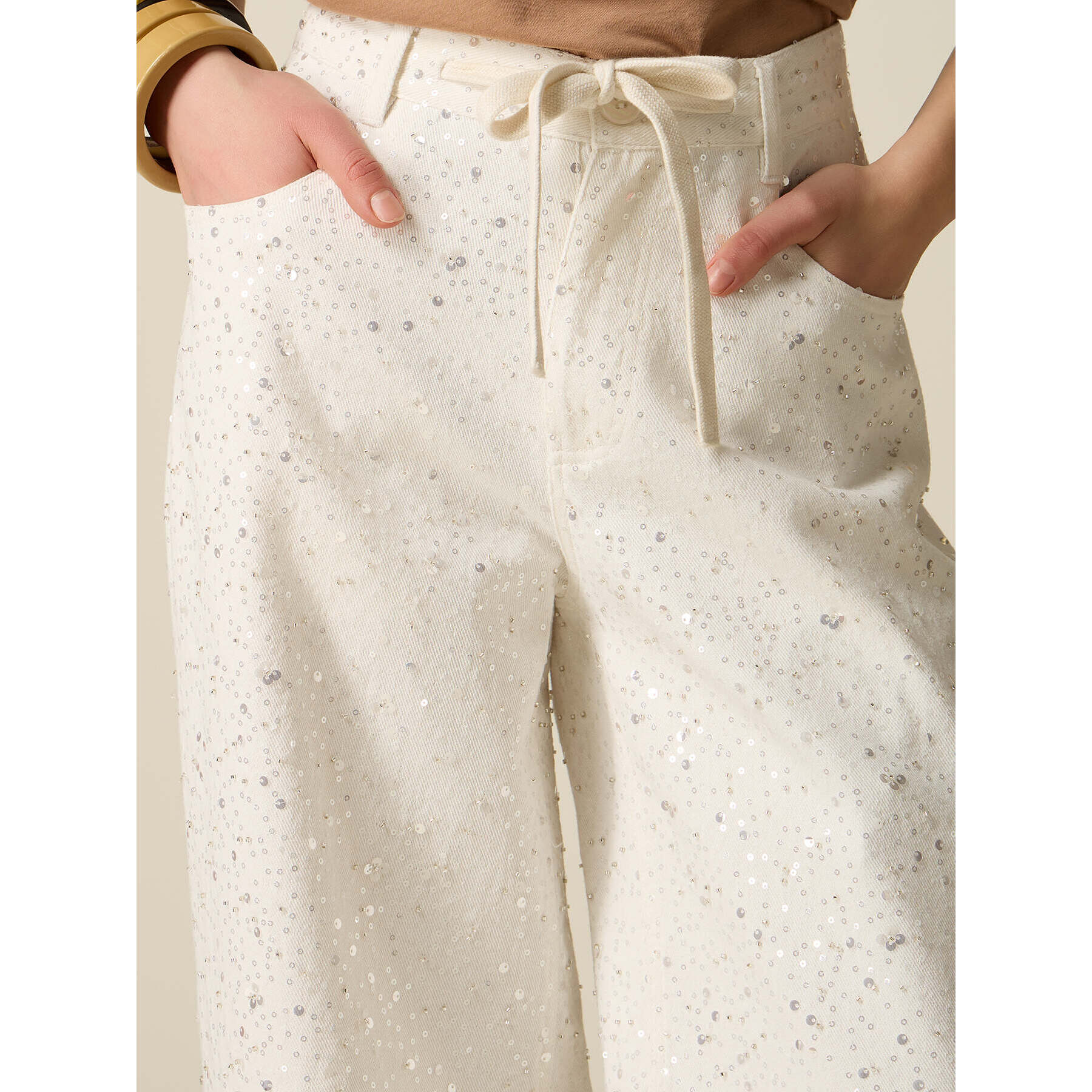 Oltre - Pantaloni palazzo con paillettes - Bianco