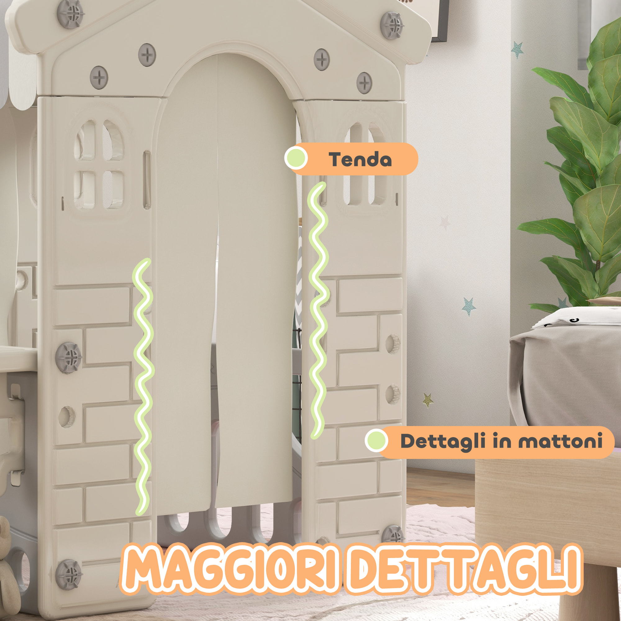 AIYAPLAY Casetta per Bambini 1-6 Anni da Interno con Porte, Finestre e Bancone da Negozio, Crema