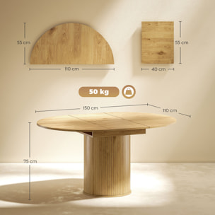 Mesa de Comedor Extensible Redonda, 110-150 cm, Mesa de Cocina Extensible, para 6-8 Personas, con Base Estriada Ancha, para Salón, 110-150x110x75 cm, Madera Natural