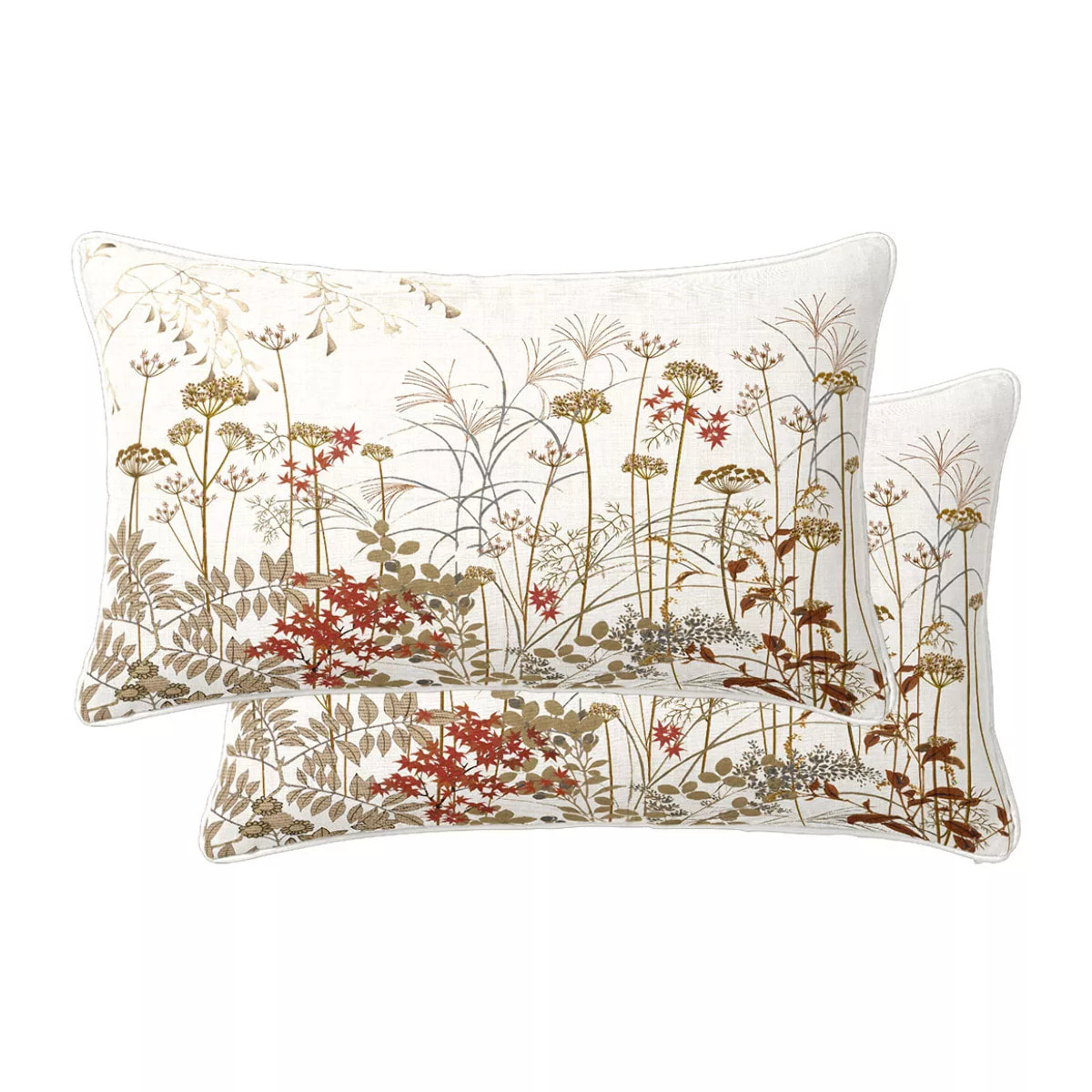 Lot de 2 taies percale de coton imprimé beige orange Erables automne