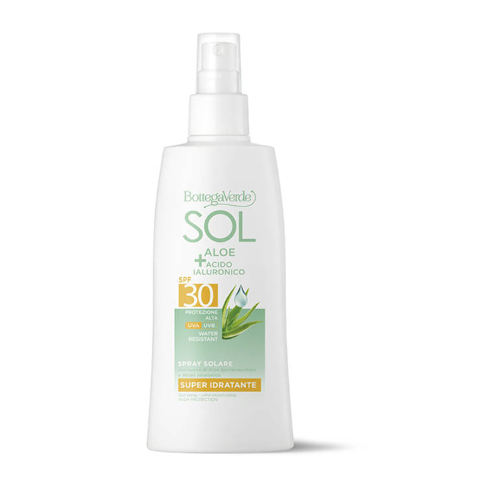 SOL Aloe Acido Ialuronico - Spray solare - super idratante - con succo di Aloe iperfermentato e Acido Ialuronico - protezione alta SPF30  - water resistant