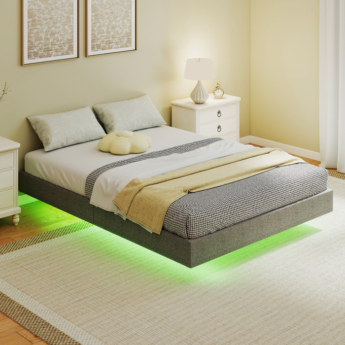 Somier Flotante 140x190 cm con Luces LED, Estructura de Cama, Tapizado en Lino, Láminas de Madera, Silencioso, Fácil de Montar, Gris