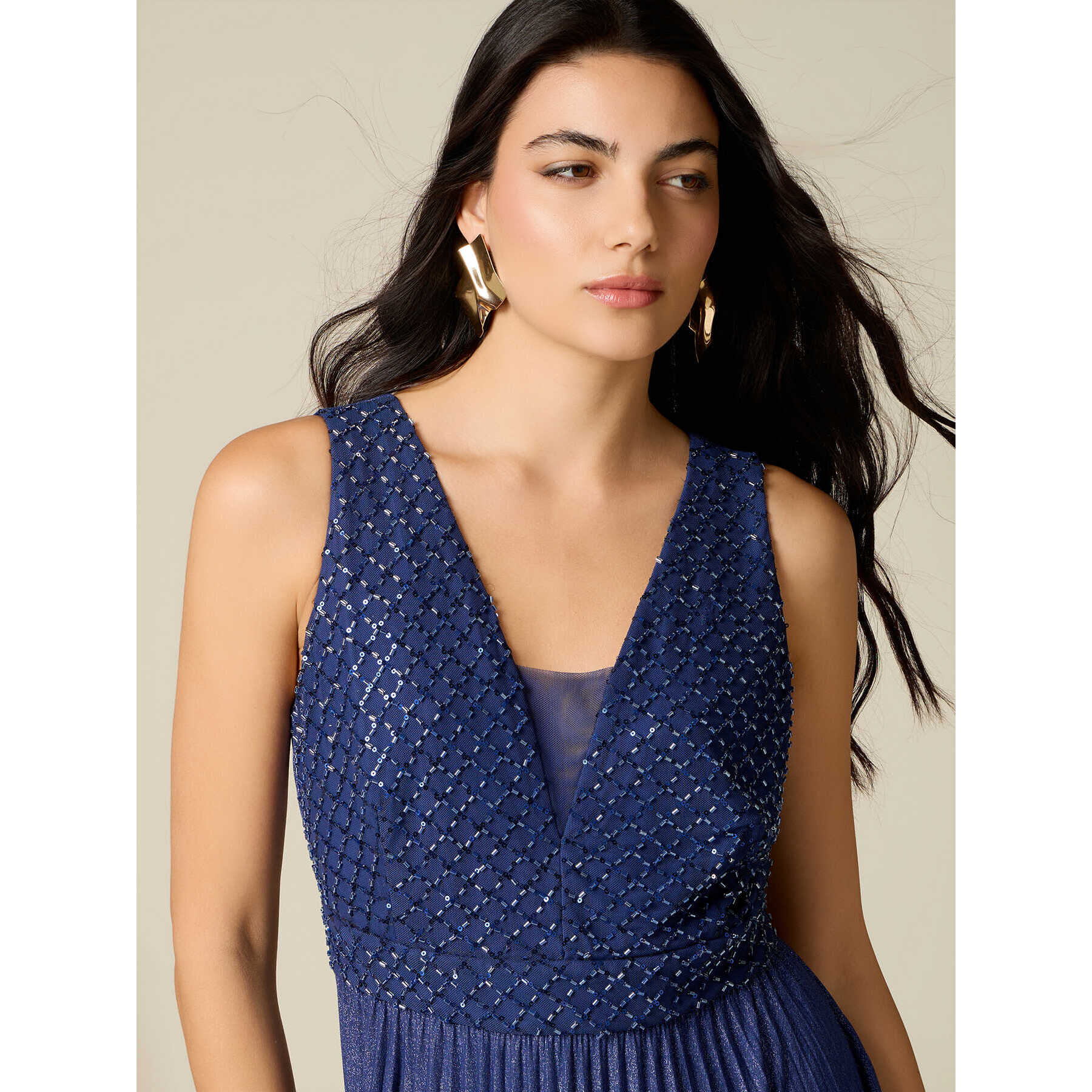 Oltre - Vestido lurex con corpiño bordado - Azul