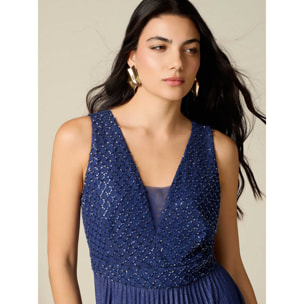 Oltre - Vestido lurex con corpiño bordado - Azul
