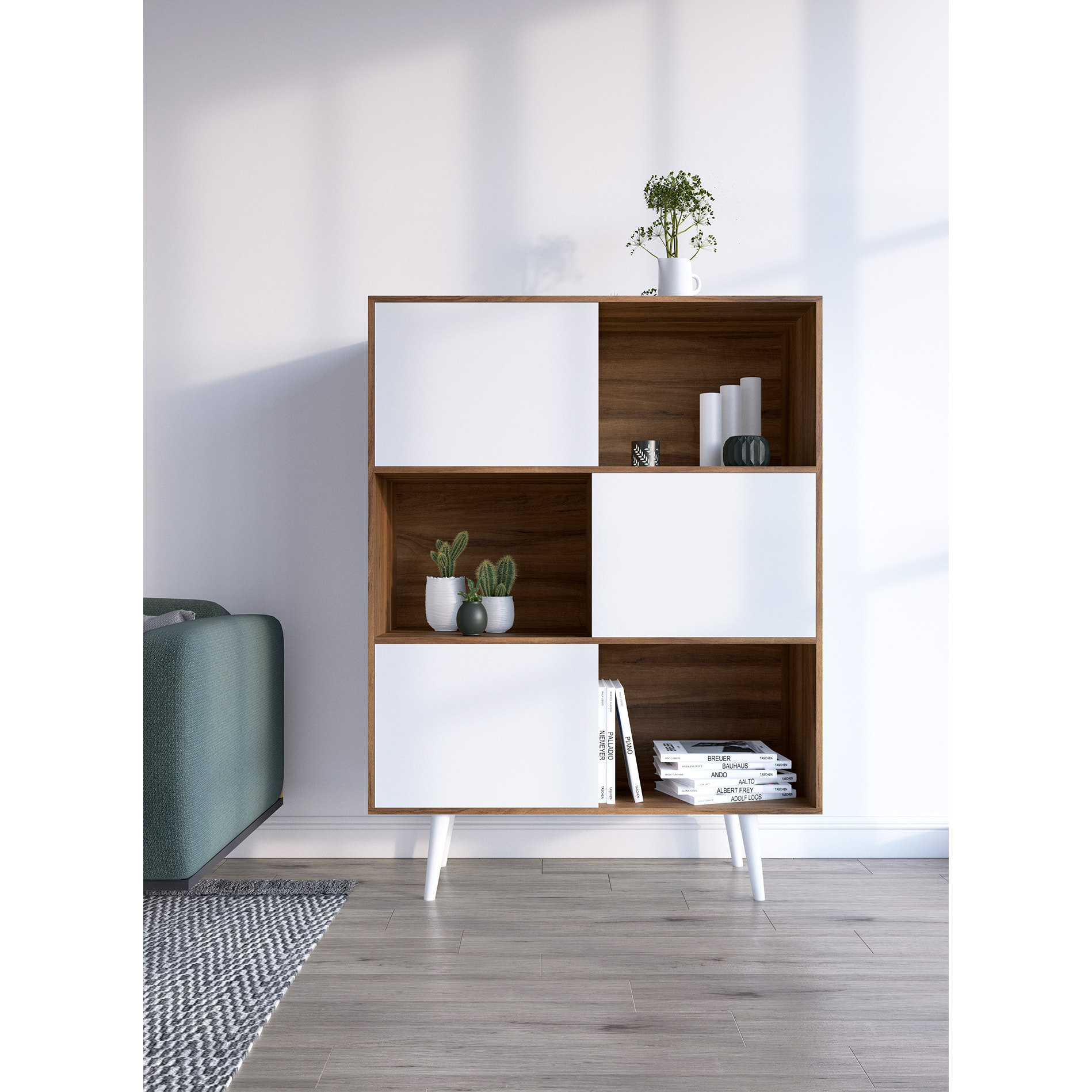 Estantería librería Nordic melamina nogal-blanco 131x100x30 cm