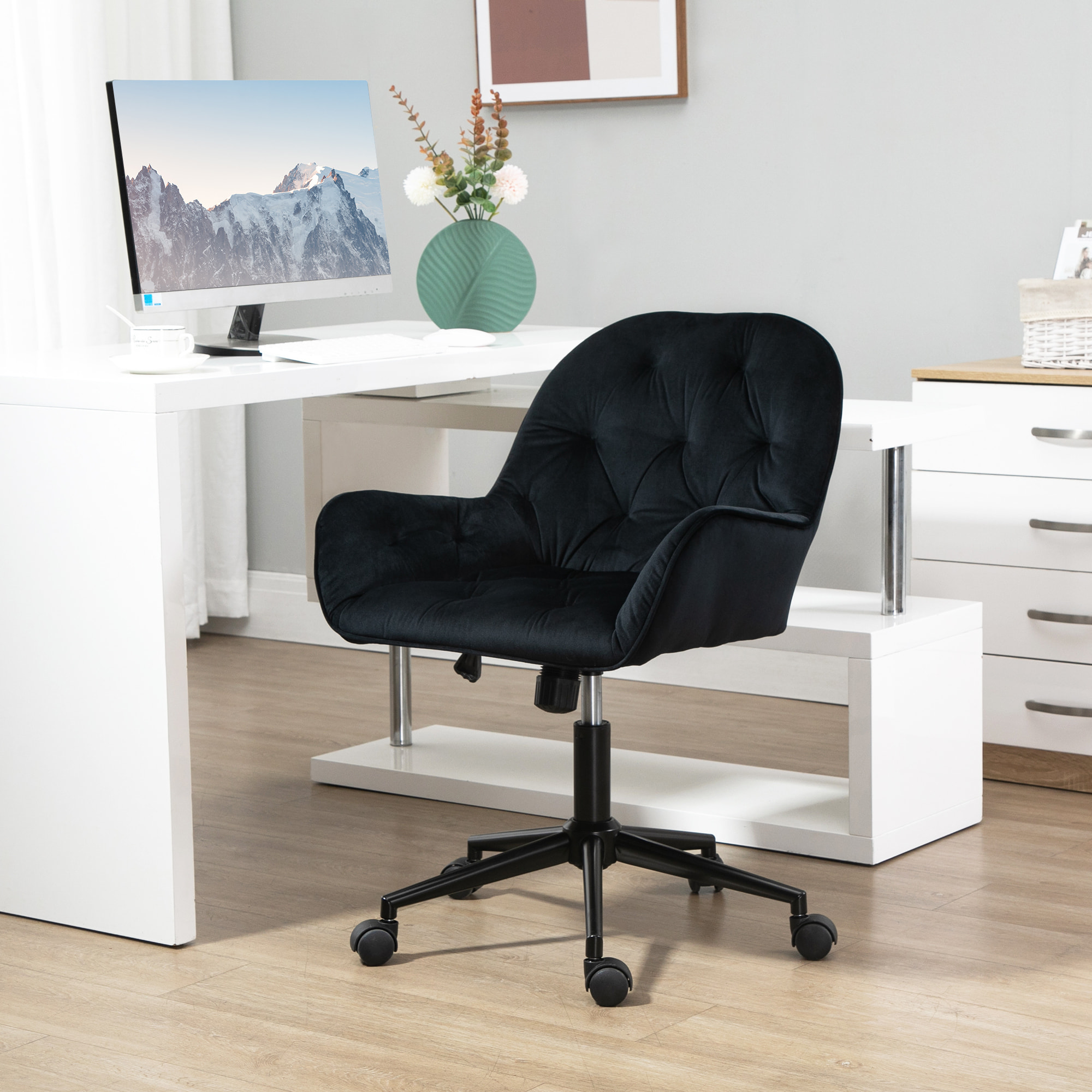 Chaise de bureau velours design Chesterfield effet capitonné piètement métal noir
