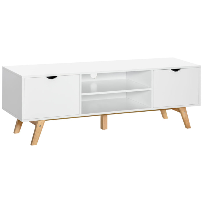 Meuble TV bas sur pied style scandinave 2 portes 2 niches passe-fils panneaux particules MDF blanc bois massif hévéa