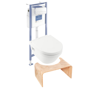 Pack WC sans bride Architectura abattant + bâti-support sol et mur + plaque blanche  + Tabouret bois