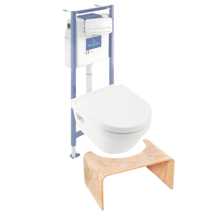 Pack WC sans bride Architectura abattant + bâti-support sol et mur + plaque blanche  + Tabouret bois