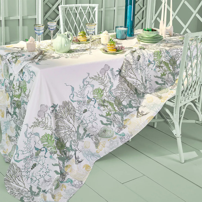 Nappe lin & coton lavé 150 g/m² imprimé blanc bleu vert Balade marine verde