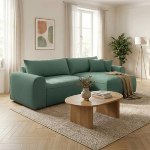 Canapé d'angle convertible vert 4 places tissu bouclé + coffre OLIZE