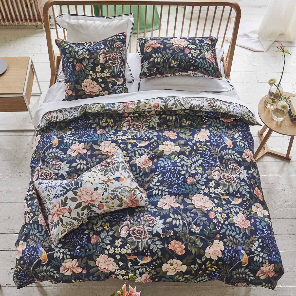 Housse de couette imprimée en satin de coton, PORCELAIN DE CHINE, Bleu Midnight