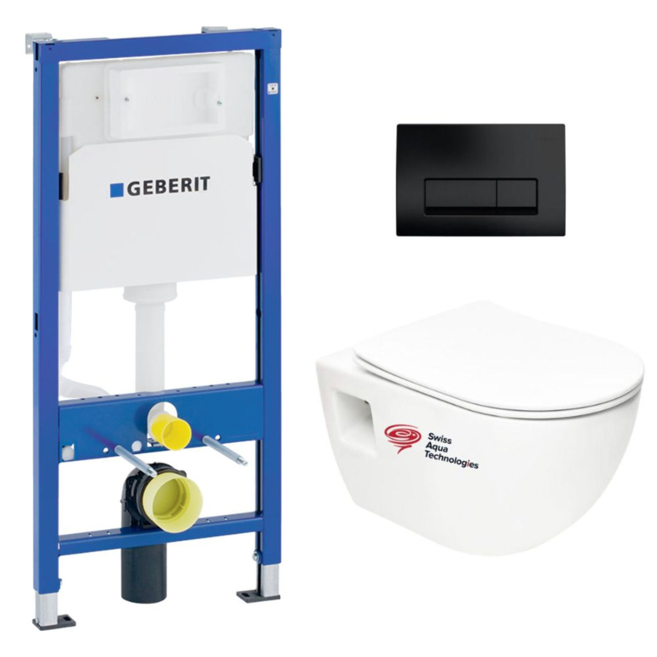 Pack bati-support Geberit UP100 + WC sans bride Swiss Aqua Technologies + Abattant SoftClose + Plaque (ProjectGeb10)