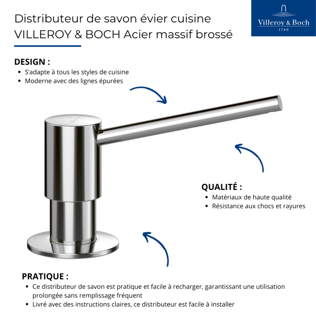 Distributeur de savon évier cuisine VILLEROY & BOCH Acier massif brossé