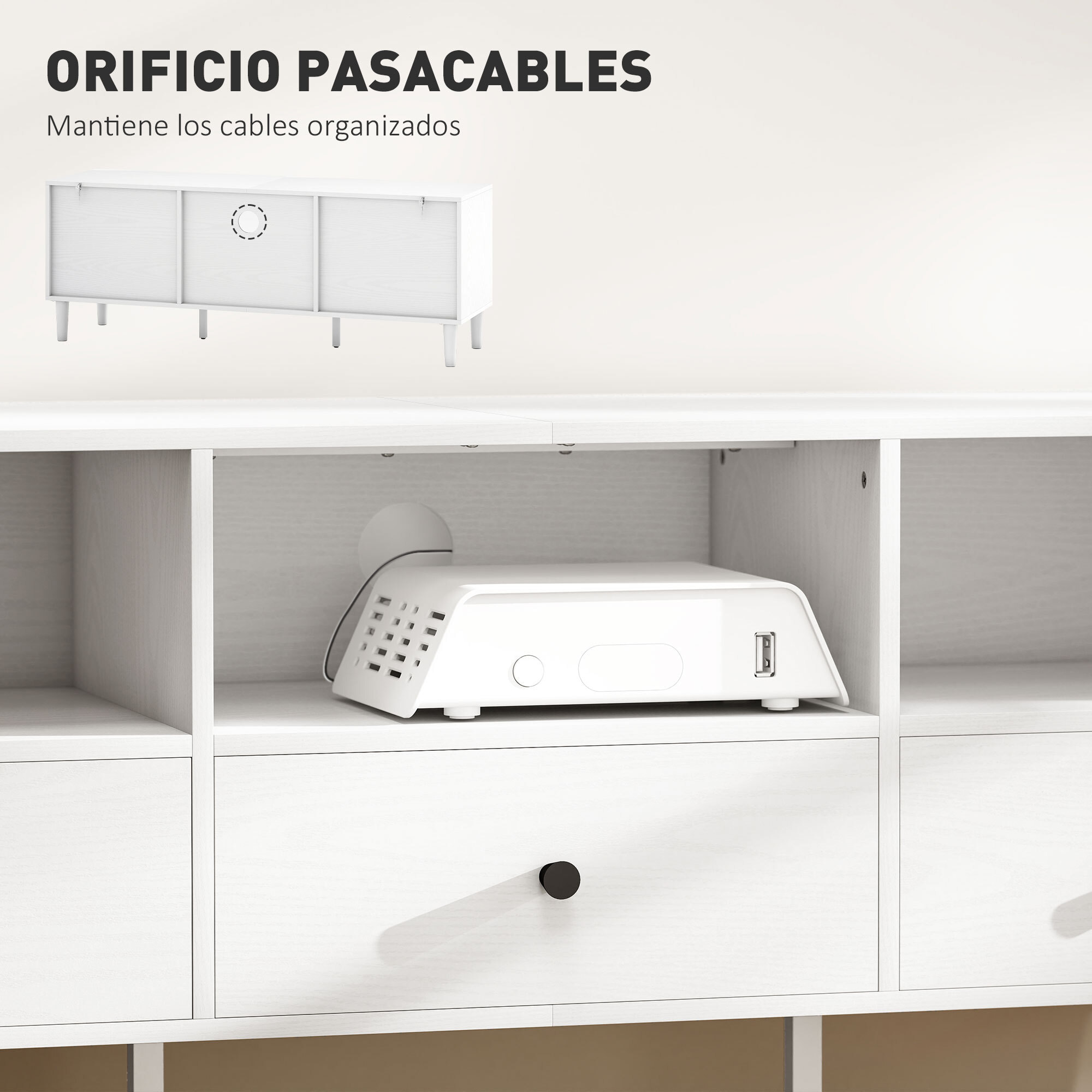 Mueble de TV Moderno Mueble de TV para Salón con 3 Compartimentos Abiertos 3 Cajones y Orificio para Cables para Televisión de 45/55/65 Pulgadas 120x34x45 cm Blanco