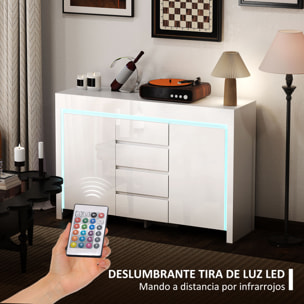 Aparador con Luces LED Aparador de Salón con 4 Cajones Cierre Suave Estantes Ajustables y Mando a Distancia Mueble Aparador de Dormitorio 120x34x80 cm Blanco Brillo