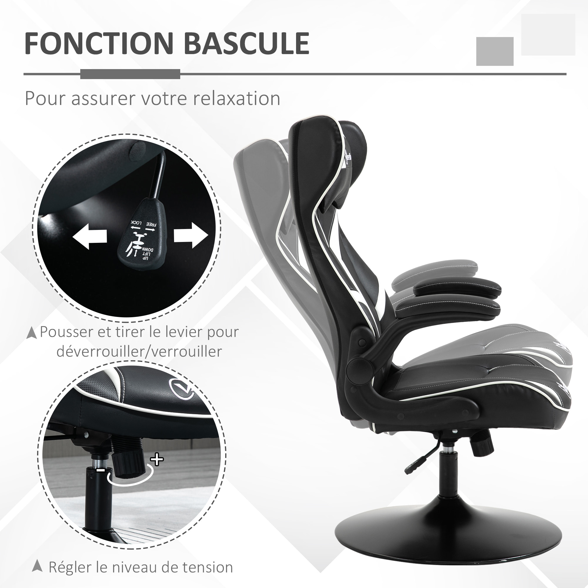 Fauteuil gaming base ronde métal pivotante 360° hauteur réglable tétière accoudoirs relevables PVC blanc noir