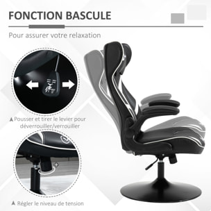 Fauteuil gaming base ronde métal pivotante 360° hauteur réglable tétière accoudoirs relevables PVC blanc noir