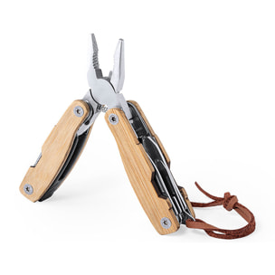 Multifunzione Folnax in acciaio inox e bambù con 12 funzioni, include una tracolla in similpelle.