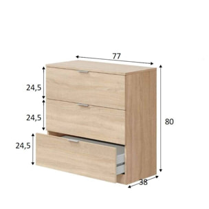 Cassettiera Whittier, Cassettiera camera da letto , Settimino a 3 cassetti, 77x38h80 cm, Rovere