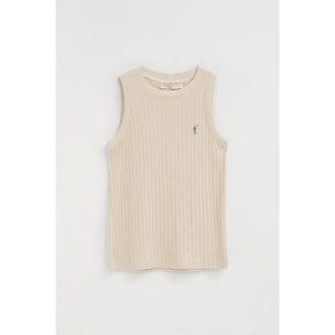 Camiseta sin mangas beige de canalé con corte slim y bordado Rigby Go