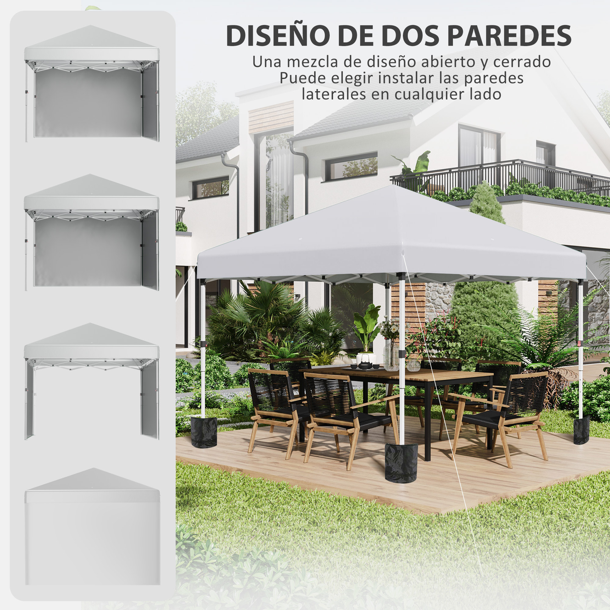 Carpa Plegable Pop-up Gazebo 3x3 m Cenador Plegable con 2 Paredes Laterales Anti-UV Altura Ajustable en 3 Niveles Sacos de Arena y Bolsa de Transporte con Ruedas para Camping Fiestas Blanco